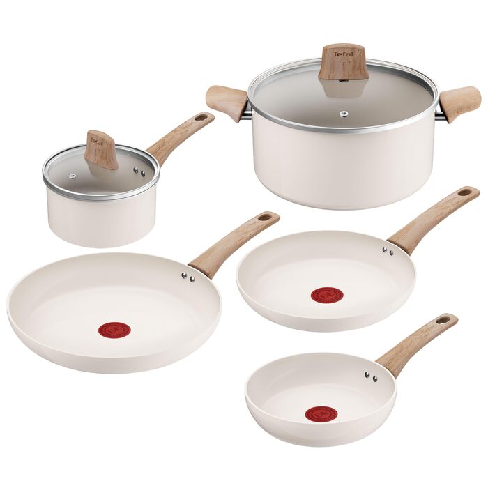 Набір посуду Tefal Cera Bright On 7 предметів: сковороди 20/24/28 см, каструля 16 см, каструля 24 см + кришки. Керамічне антипригарне покриття, алюмінієвий корпус (перероблений), індикатор нагріву Thermo Signal, для всіх типів плит, Бежево-сріблястий