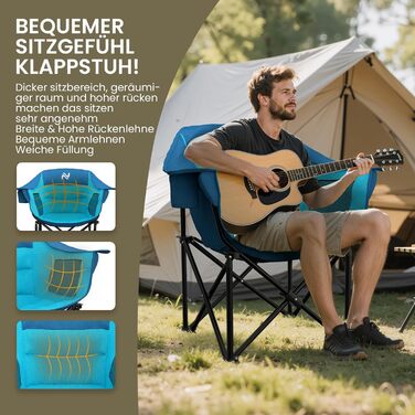 Кемпінговий стілець складаний посилений (200 кг) з подушкою 6 см - для риболовлі, кемпінгу, саду, фестивалів. Зручний стілець з бічними кишенями та сумкою для транспортування (Синьо-блакитний, M)