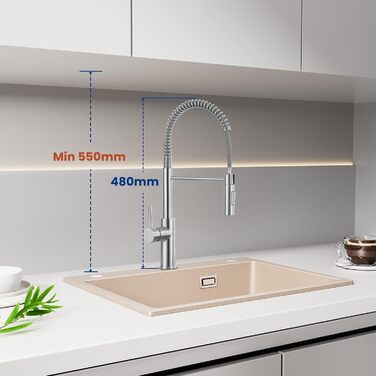 Змішувач кухонний CECIPA з витяжною насадкою, висувний, з двома режимами струменя, поворотний на 360°, одноlever, нержавіюча сталь, срібло