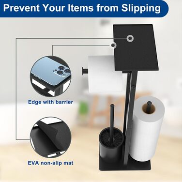 Stainless Steel Toilet Paper Holder with Brush and Wipes Box - Standing Toilet Paper Dispenser with WC Brush and Cover - Black Finish