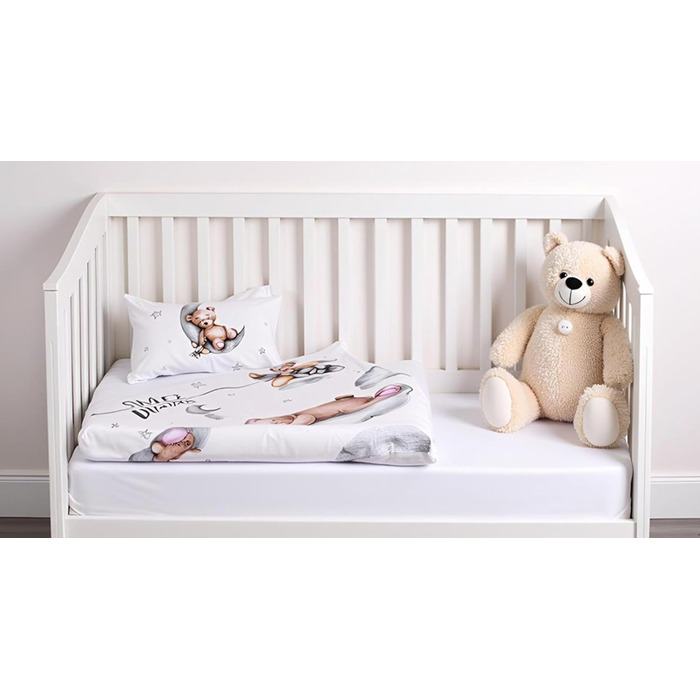 Комплект постільної білизни для дитячого ліжечка: комплект постільної білизни для малюків, постільна білизна для дитячого ліжечка 100x135 см + наволочка 40x60 см з бавовни, сертифікат Öko-Tex Standard, для хлопчиків та дівчаток (ведмедик Тіша)