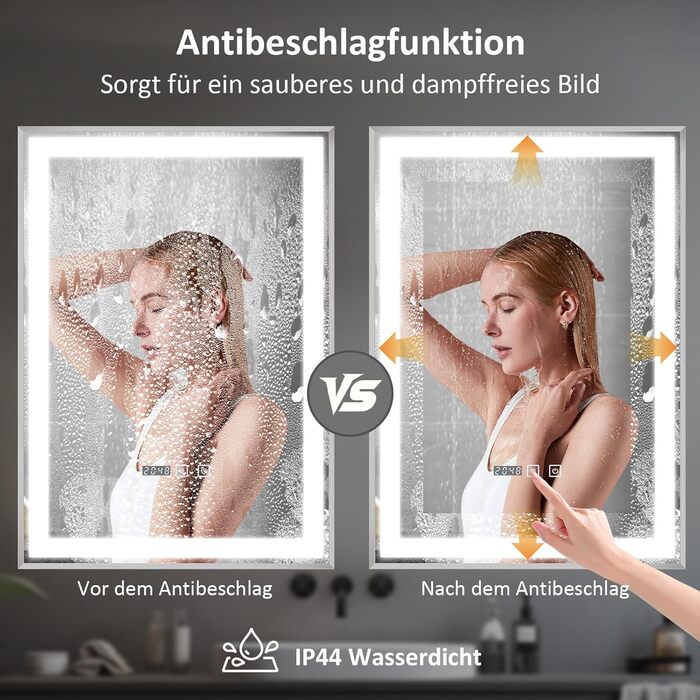 Дзеркало YOURLITE з підсвічуванням 70x50 см, LED дзеркало для ванної кімнати з годинником, сенсорне керування, 3 кольори світла, регулювання яскравості, антизапарник, пам'ять, срібний