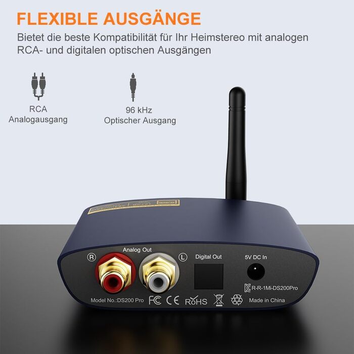 1Mii Bluetooth 5.3 HiFi Аудіоприймач для стереосистеми: Bluetooth адаптер з DAC (384kHz / 32bit), aptX HD, LDAC, вихід Opt/RCA для AV ресивера або підсилювача (блакитний)