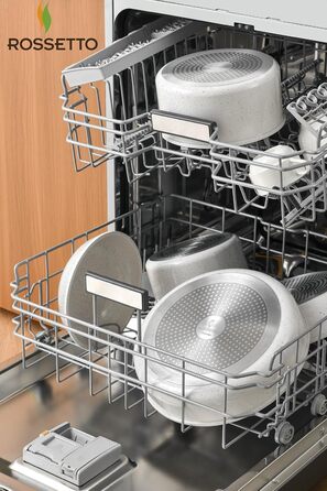 Набір посуду ROSSETTO 23 предмета з знімними ручками та керамічним антипригарним покриттям, складається для зберігання. Включає: каструлі, сковорідки, сотейники, казани. Без PFOA та PFOS.