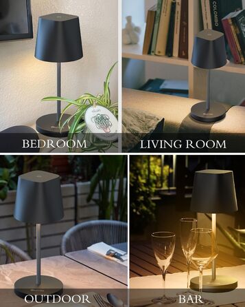 LED-лампа Quntis настільна бездротова, торкання, регулювання яскравості, акумулятор, USB зарядка, 3000K-5000K, IP44, вологостійка, для дому та саду, чорна