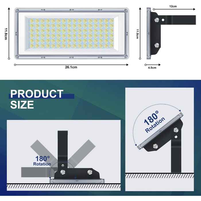 YIQIBRO LED Floodlight Outdoor 100W, 10000LM Super Bright Floodlight Outdoor, Waterproof Outdoor Spotlight IP67, 6500K Cold White Outdoor LED Spotlight 85-265V for Garden, Garage, Factory, Sports Field