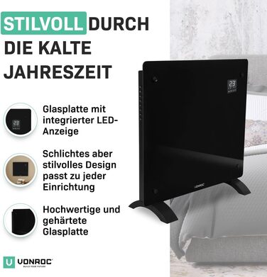 Електрична конвекторна теплова гармата VONROC - 1000W, чорна, для опалення до 12м², ручне/App керування, настінний/підлоговий монтаж