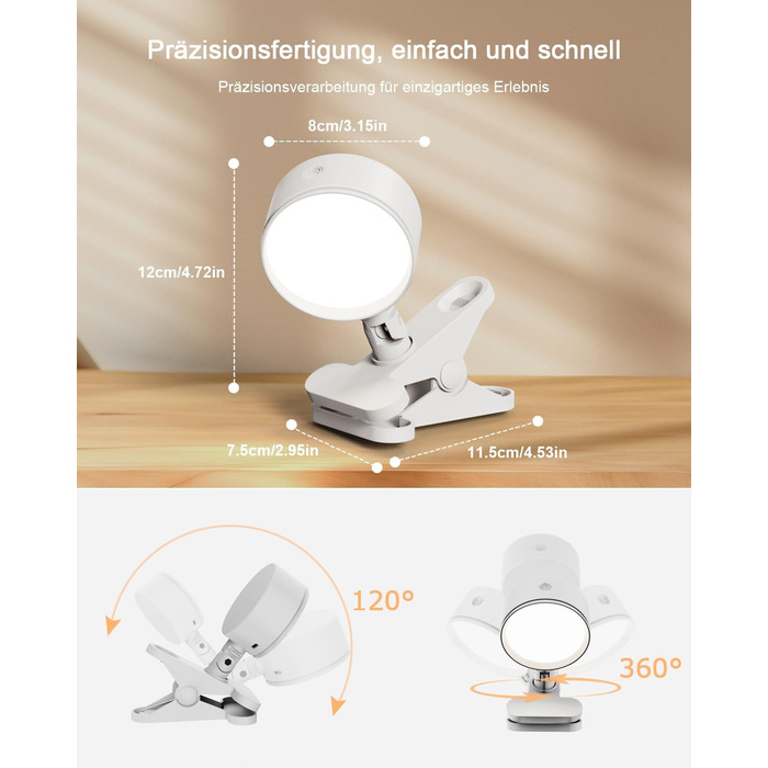 Нічник на ліжко акумуляторний бездротовий з USB-C, 5000mAh, з кліпсою, димуючий, з пультом, LED, 360° поворотний, для спальні, кемпінгу (білий)