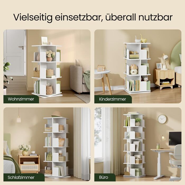 Обертова книжкова полиця EUGAD 4 рівня, 360°, МДФ, біла, 39,5x128x39,5 см, для дому та офісу