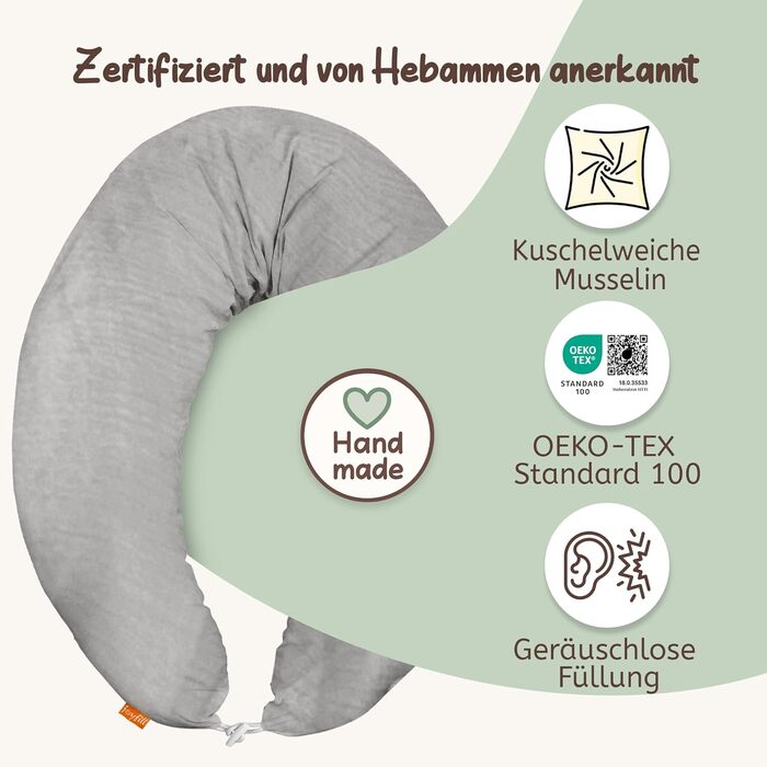 Подушка для вагітних Joyfill Stillkissen XXL: Тестована акушерками, для сну на боці та для годування, з м'якою мусліновою наповнювачем (сірий, 190 см)