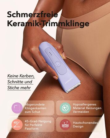 Електричний жіночий триммер для інтимної зони з 3 насадками та змінними керамічними лезами, фіолетовий