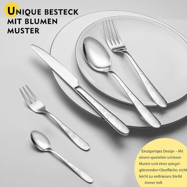 Набір столових приборів EIUBUIE з нержавіючої сталі 30 предметів, з квітковим малюнком, полірований, для 6 осіб, для дому та вечірок, можна мити в посудомийній машині