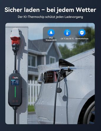 Raylix 2026 Neu 11kW Wallbox мобільна Type 2 з кабелем (8A-16A, 3 фази) + лічильник, регулювання струму, відкладений старт + кабель CEE 16A - Type 2, 5м