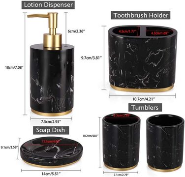 Набір аксесуарів для ванної кімнати 5 шт. з нержавіючої сталі, імітація мармуру, включає дозатор для мила, стакан для зубної пасти, мильниця, тримач для зубних щіток, набір для ванної кімнати, білий/чорний (білий + золото)