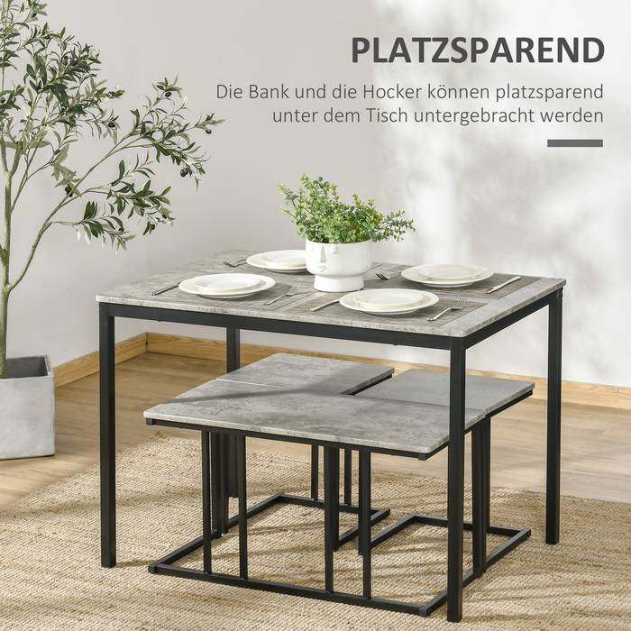 HOMCOM 4-Piece Dining Set, Kitchen Table Set, Dining Table with 3 Benches for 4 People, Dining Room Set, Table Set for Kitchen, Living Room, Grey | Aosom