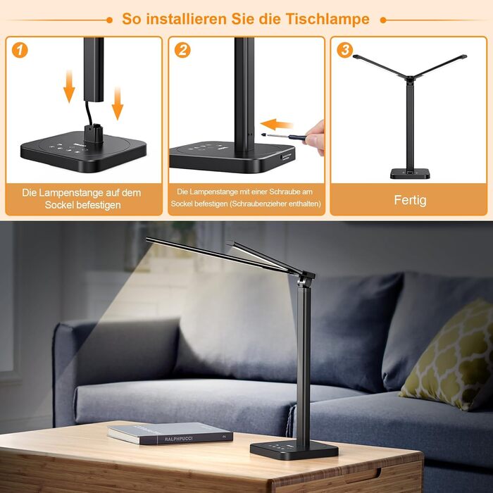 LED лампа настільна Veetop з подвійним світлом, регульована, денне світло, 72 см, шарнірний кріплення, 5 рівнів яскравості, 5 колірних температур, диммування, офісна лампа