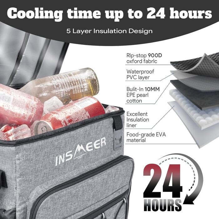 INSMEER Велика термосумка на колесах 40л, 60 банок, водонепроникна, для пляжу, кемпінгу, пікніка, покупок (сіра)