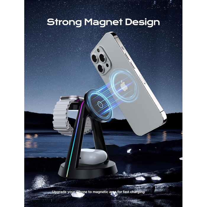 Бездротова зарядна станція 3-в-1 MagSafe OneCut з RGB підсвіткою 15W для iPhone 16/15/14/13/12 Pro Max/Plus, Apple Watch Ultra/8/7/6/SE та AirPods Pro/3/2