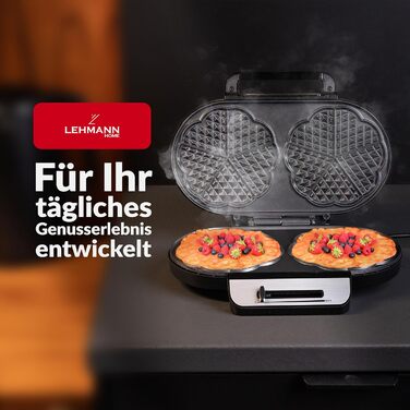 Вафельниця LEHMANN Doppel Waffeleisen Herzform - для випікання 10 вафель у формі серця, з антипригарним покриттям, регулюванням температури, індикатором нагріву, 1200W, чорний/срібний