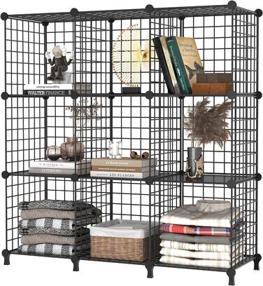 AWTATOS Regal 12 Regal Wire Cube Stackable Shelf Cube DIY Metal Grid Shelf Cube Bookshelf Cube Shelf With Doors For Living Room, Bedroom, Bathroom USCIH12BE (Medium, Black)