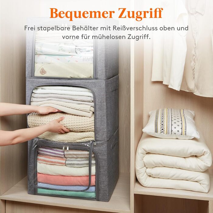 Коробка для зберігання одягу Lifewit з кришкою, металевий каркас, з ручками та вікном, сіра (2 шт., 75л)