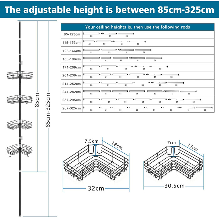 FIISAYL Shower Shelf No Drilling Telescopic Shower Shelf Metal Corner Shelf Bathroom Shelf with 4 Shower Baskets, Height Adjustable 85-325cm, Suitable for Bathtub Bathroom and Kitchen, Black