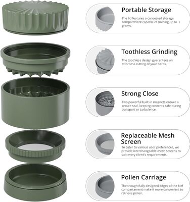 Toothless Herb Grinder Ø 63 mm | Nano-ceramic coated for effortless grinding | 5-piece with built-in storage container in the lid (Green)