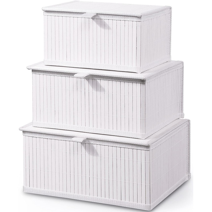 Honeycomb Storage Basket with Lid, Woven - Bamboo Decor Storage Boxes, Set of 3 Rattan Basket with Lid Woven Fabric Insert for Bathroom Kitchen Shelf Organization (Large/Medium/Small) (White)