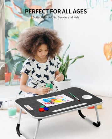 Складаний столик для ноутбука, портативний столик на колінах, приліжковий столик, підставка для ноутбука з тримачем для напоїв та слотом для планшета, чорний