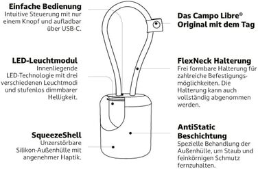 Campo Libre.® LENI I Camping Lamp I flexible Outdoor Lamp for Hanging, Standing, and Mounting I dimmable Camping Light I rechargeable I Balcony Lamp, Camping Light, Outdoor Table Lamp