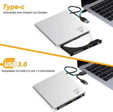 Зовнішній DVD-накопичувач BUNUD Lightscribe для Mac та Windows: USB 3.0 Type-C, DVD-записувач з картридером SD/TF та 2 USB-портами для MacBook, iMac, ноутбуків та PC