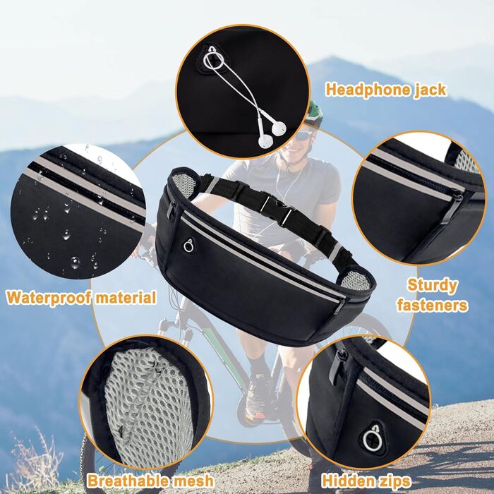 Пояс-сумка для бігу та спорту: водонепроникний пояс з 3 кишенями для телефону (до 18.3 см)