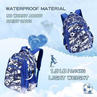 Дитячий рюкзак Cusangel для дівчаток та хлопчиків, ергономічний, регульований, водостійкий, з нагрудним ременем (синій, з футбольною тематикою)