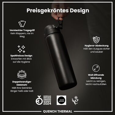 Ion8 Vacuum Insulated Stainless Steel Water Bottle, 1 Liter, 920 ml, Leak-Proof, One-Handed Opening, Secure Locking, Dishwasher Safe, Carrying Handle, Durable, Ideal for Sports and Yoga