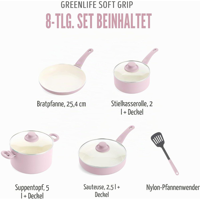 Набір керамічного посуду GreenLife Soft Grip, антипригарне покриття без PFAS, 8 предметів, рожевий