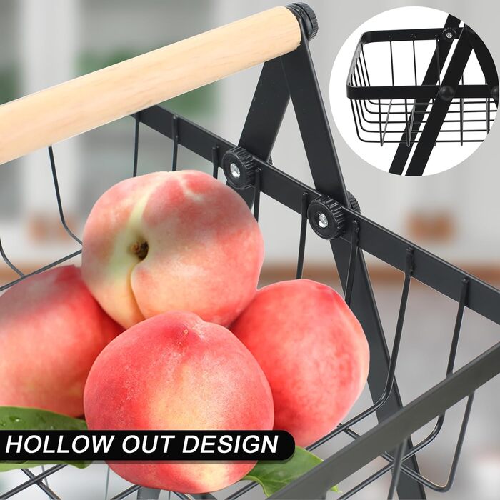 Багатоярусна металева підставка для фруктів та овочів MaxEarn - 3 яруси, велика місткість, з дерев'яною ручкою