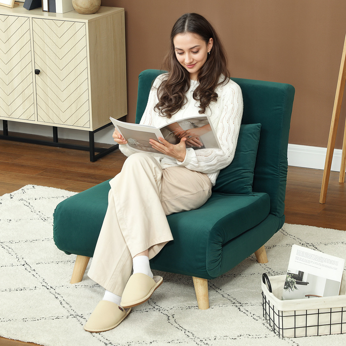 HOMCOM Sleeper Chair, Folding Chair with Bed Function, Decorative Cushion, Foldable Recliner Chair with Adjustable Backrest in Velvet Look, for Living Room, Dark Green | Aosom