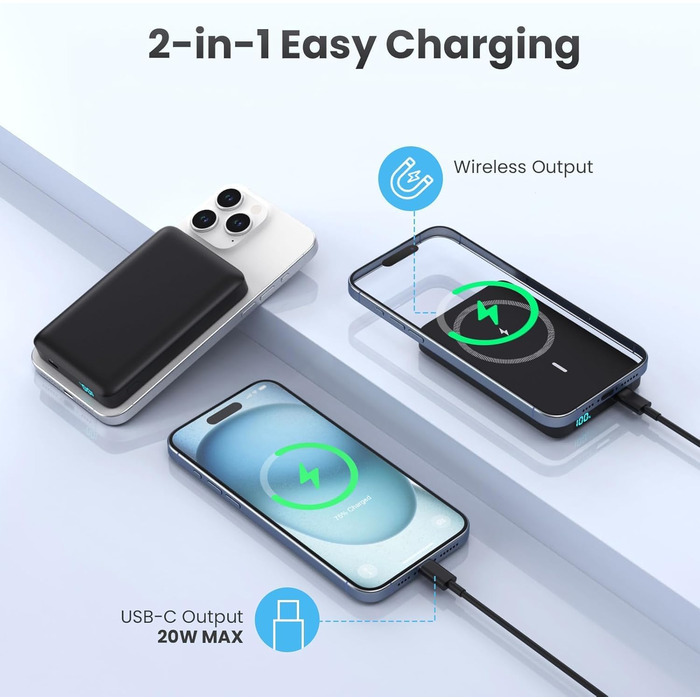 Power Bank HETP Магнітний 10800mAh з PD 20W, бездротова зарядка, USB-C, LED-дисплей, сумісний з MagSafe, iPhone 16/15/14/13/12, чорний