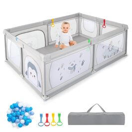 DREAMADE 200 x 140 cm Baby Playpen, Playard with 50 Balls & Carry Bag, Crawling Gate for Indoor & Outdoor Use (Grey-Penguin, without mattress) Grey-Penguin without mattress