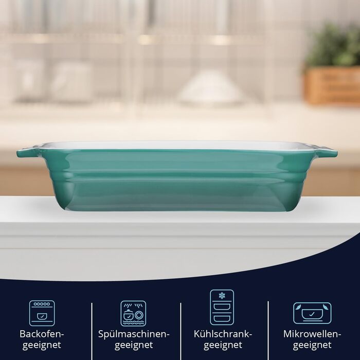 Форма для запікання KHG велика 40 см, блакитна, на 4-6 осіб, об'єм 3 літри, кераміка, прямокутна, стійка до подряпин, для лазаньї, тірамісу та інших запіканок, 1 шт.