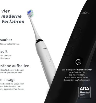 AquaSonic DUO PRO – Електрична зубна щітка з ультразвуком 40 000 VPM - 4 режими, Smart-таймер, UV-стерилізація, бездротова зарядка, 10 насадок ProFlex та 2 дорожні етиуси