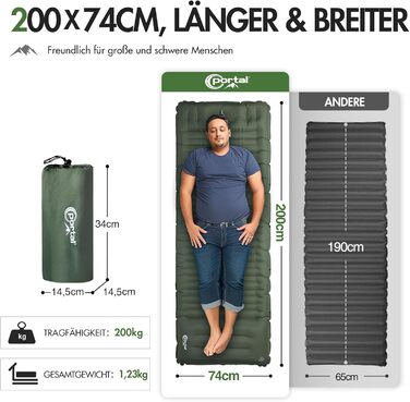PORTAL Self-Inflating Camping Mat 10cm Thick Air Mattress Utraleicht with Foot Press Pump 18cm Thick Pillow Inflatable Mattress Outdoor Foldable Sleeping Mat 200*74cm for Camping Hiking Traveling