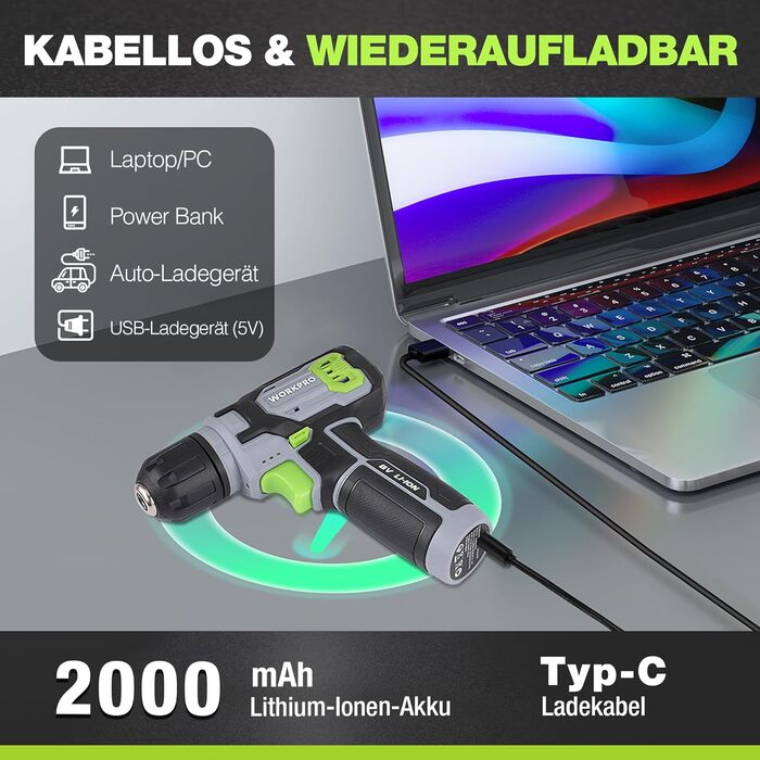 WORKPRO 8V Акумуляторний дриль-шуруповерт, комплект з кейсом, 2000 mAh, 10 мм патрон, 12 Н·м, LED, 21 шт. аксесуарів, для ремонту та DIY, сірий & зелений