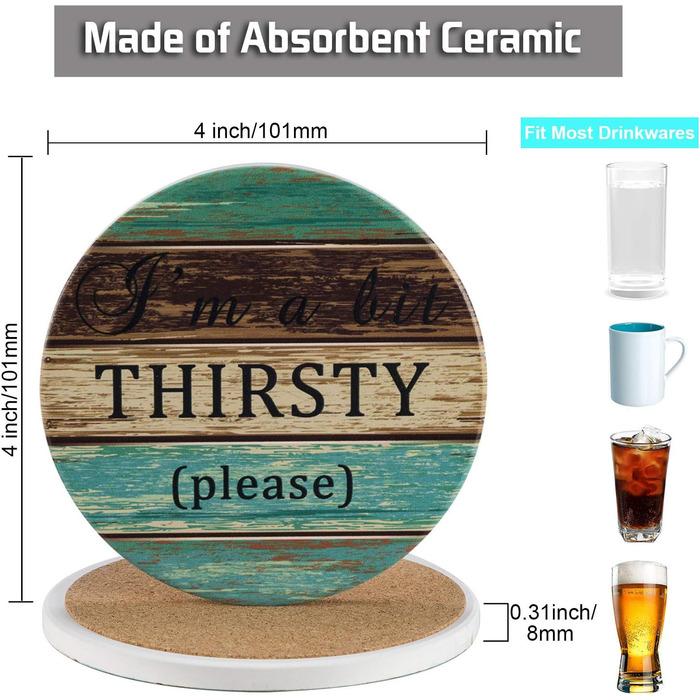 Drink coasters, absorbent, Esur fun ceramic coaster set of 6 with metal holder, rustic cork bottom table protector, farmhouse style bar, home decor, housewarming gift