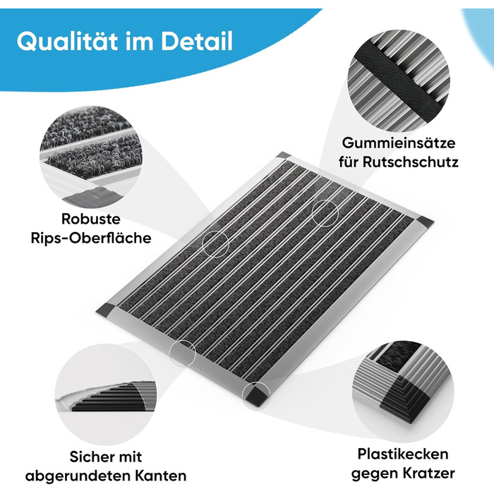 Килимок для дому та вулиці 40x60 см, алюмінієвий каркас срібного кольору, Polypropylene волокна