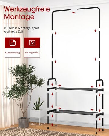 Стійка для одягу з полицею для взуття, чорна, 74 x 30 x 150 см