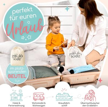 Надувне дитяче ліжко для подорожей - ліжко з захистом від падіння та вбудованим насосом - Портативне дитяче туристичне ліжко з тканиною Oeko-Tex - Ідеально для кемпінгу, готелів та дому (1 шт, 180 см)