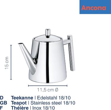 Kela Teapot with infuser, stainless steel teapot ANCONA, teapot for loose leaf tea and tea bags, tea maker, silver (0.9 L)