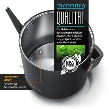 Arendo Stainless Steel Electric Kettle with Temperature Control - 40° to 100° - Keep Warm Function - 0.5 Liter - Sensor Buttons - 360° Swivel Base - Retro Design - Black
