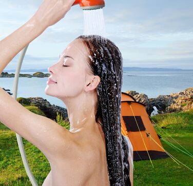Portable Outdoor Camping Shower, Battery Powered - Compact Hand Shower with Rechargeable Camping Shower and Pump, Pumps Water from Bucket into a Consistent, Gentle Shower Stream